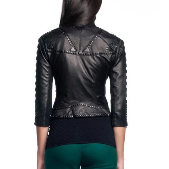 Catherine Malandrino 123JL03 Jacket Noir Cropped Lambskin Leather Black Stud NEW - Picture 5 of 14